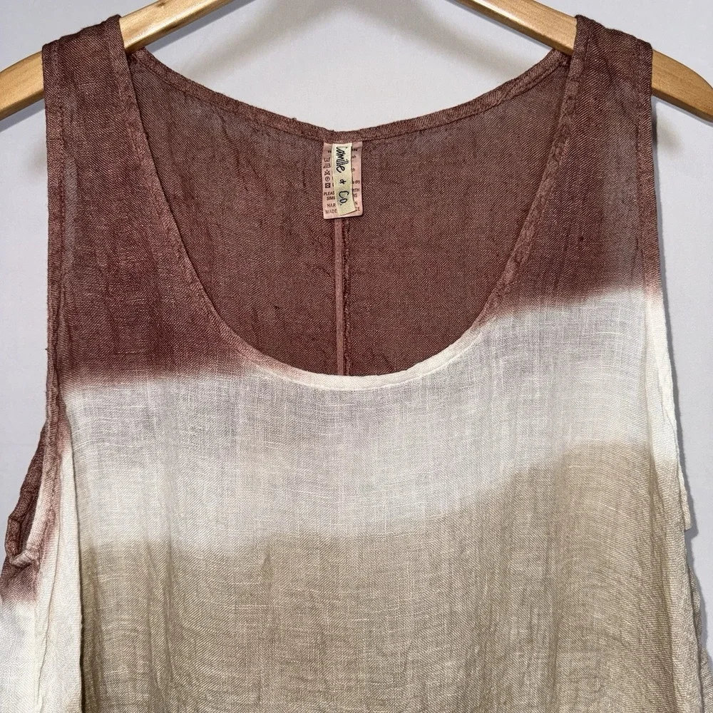 Camille & Co. Brown Beige White Striped Linen Sleeveless Swim Cover Women's‎ L